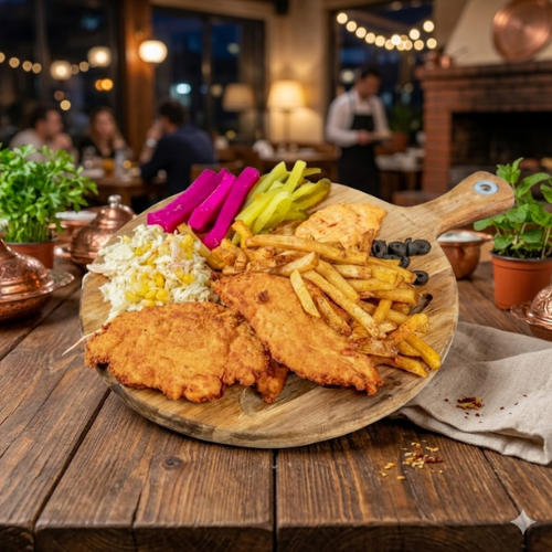 Viva Sub chicken platter with fries, coleslaw, pickles, and fresh vegetables