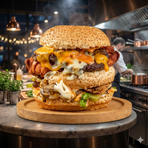 Loaded beef burger with crispy chicken, melted cheese, and fresh toppings at Viva Sub
